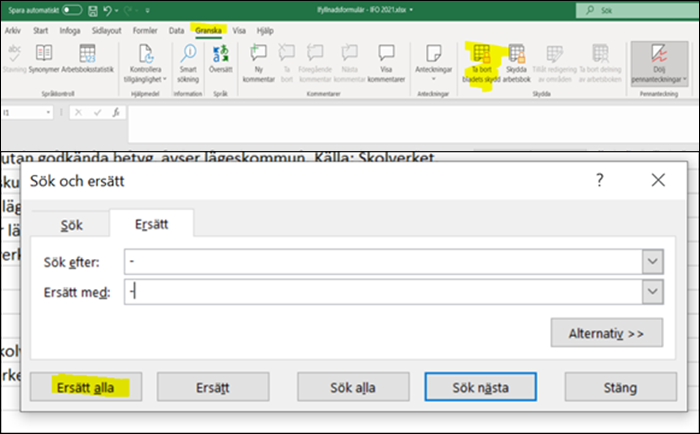 En skärmdump som visar hur du redigerar Excelfilen och tar bort bladets skydd.
